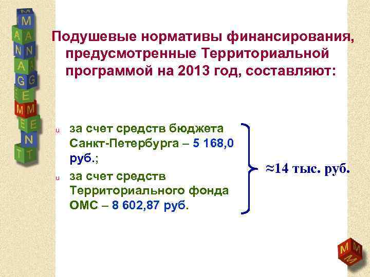Подушевые нормативы финансирования, предусмотренные Территориальной программой на 2013 год, составляют: u u за счет