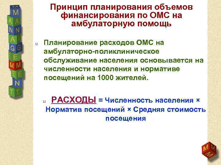 Принцип планирования объемов финансирования по ОМС на амбулаторную помощь u Планирование расходов ОМС на