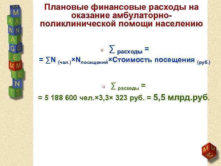 Плановые финансовые расходы на оказание амбулаторнополиклинической помощи населению u ∑ расходы = = ∑N