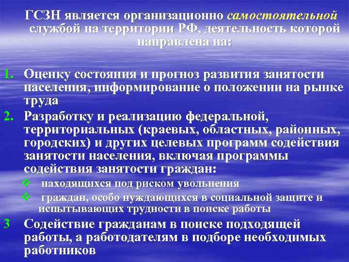  ГСЗН является организационно самостоятельной службой на территории РФ, деятельность которой направлена на: 1.