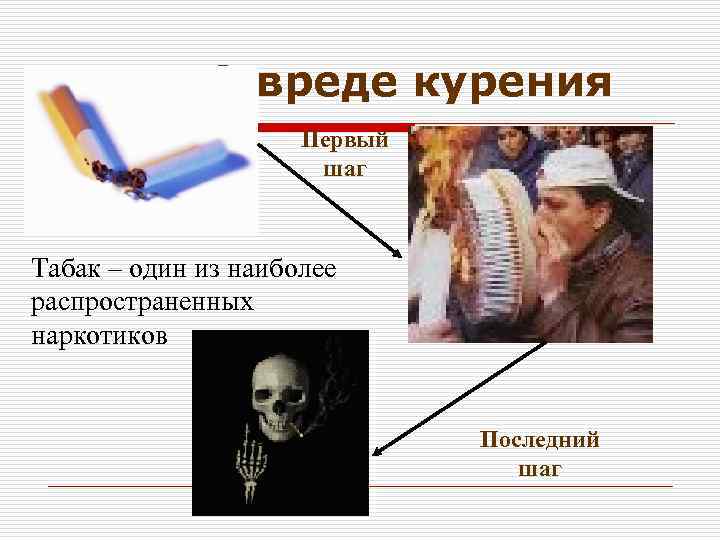 О вреде курения Первый шаг Табак – один из наиболее распространенных наркотиков Последний шаг