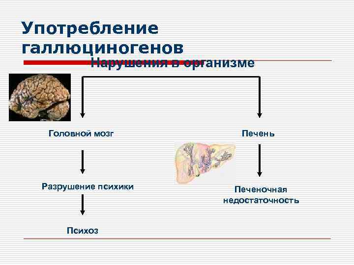 Употребление галлюциногенов Нарушения в организме Головной мозг Разрушение психики Психоз Печень Печеночная недостаточность 