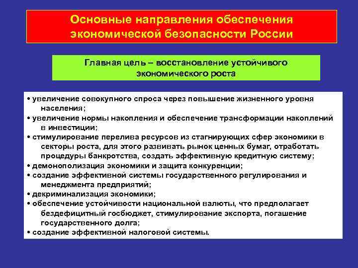 Основные направления обеспечения экономической безопасности России Главная цель – восстановление устойчивого экономического роста •