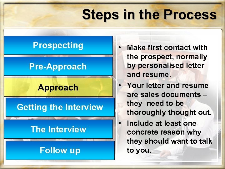 Steps in the Process Prospecting Pre-Approach Getting the Interview The Interview Follow up •