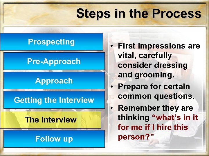 Steps in the Process Prospecting Pre-Approach Getting the Interview The Interview Follow up •