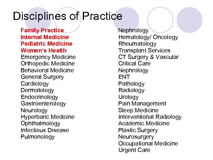 Disciplines of Practice Family Practice Internal Medicine Pediatric Medicine Women’s Health Emergency Medicine Orthopedic