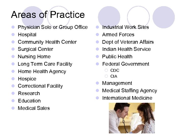 Areas of Practice l l l Physician Solo or Group Office Hospital Community Health
