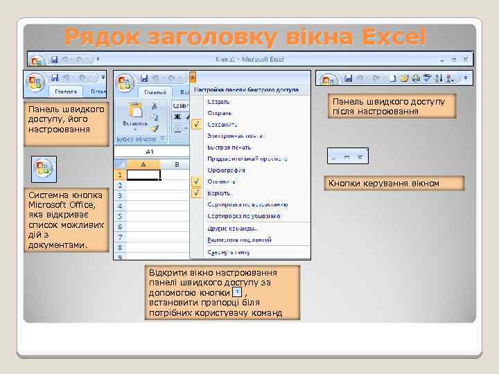 Рядок заголовку вікна Excel Панель швидкого доступу після настроювання Панель швидкого доступу, його настроювання