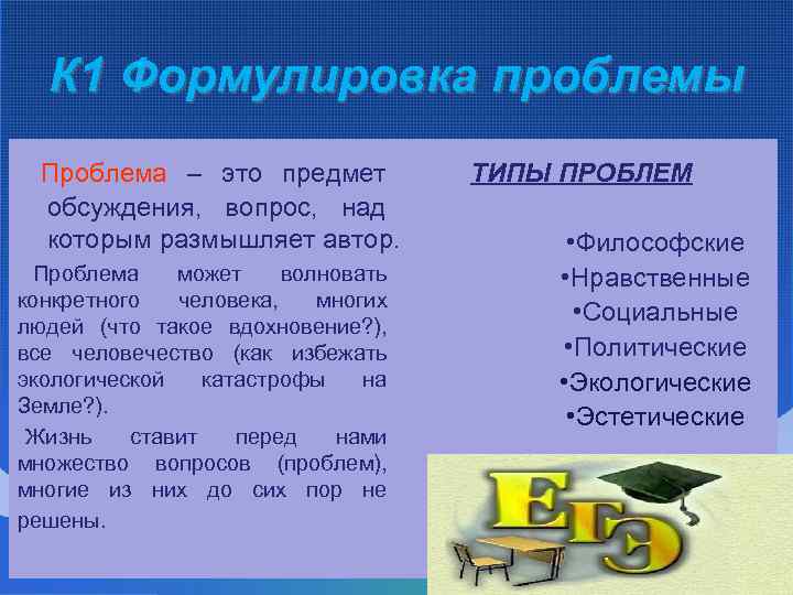 К 1 Формулировка проблемы Проблема – это предмет обсуждения, вопрос, над которым размышляет автор.