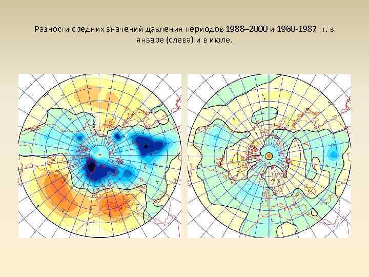 Разности средних значений давления периодов 1988– 2000 и 1960 -1987 гг. в январе (слева)