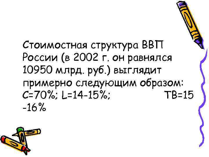 Стоимостная структура ВВП России (в 2002 г. он равнялся 10950 млрд. руб. ) выглядит