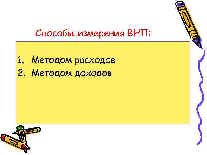 Способы измерения ВНП: 1. Методом расходов 2. Методом доходов 