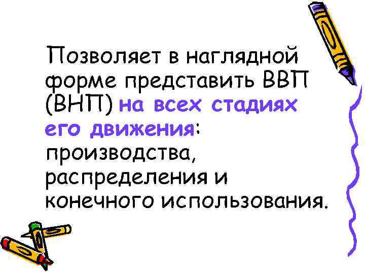 Позволяет в наглядной форме представить ВВП (ВНП) на всех стадиях его движения: производства, распределения