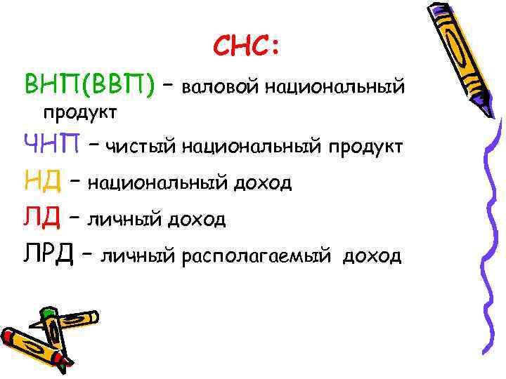 СНС: ВНП(ВВП) – продукт валовой национальный ЧНП – чистый национальный продукт НД – национальный