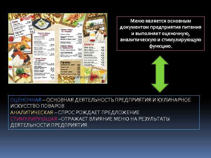 Меню является основным документом предприятия питания и выполняет оценочную, аналитическую и стимулирующую функцию. ОЦЕНОЧНАЯ