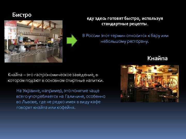 Бистро еду здесь готовят быстро, используя стандартные рецепты. В России этот термин относится к