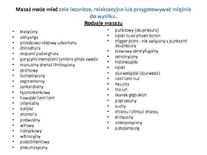 Masaż może mieć cele lecznicze, relaksacyjne lub przygotowywać mięśnie do wysiłku. Rodzaje masażu •