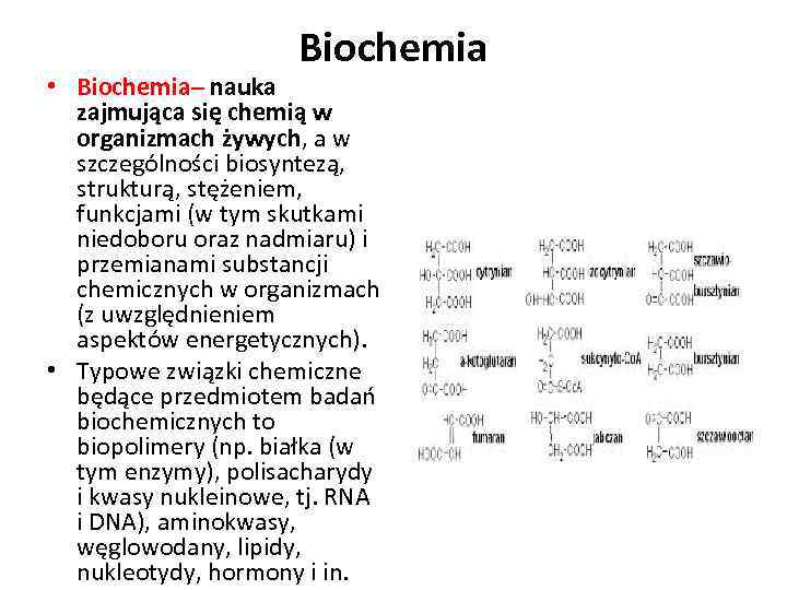 Biochemia • Biochemia– nauka zajmująca się chemią w organizmach żywych, a w szczególności biosyntezą,