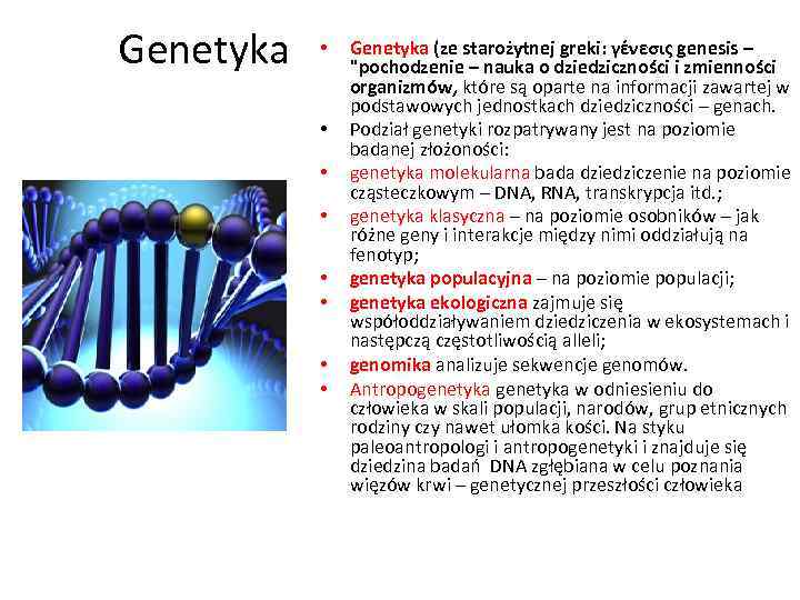 Genetyka • • Genetyka (ze starożytnej greki: γένεσις genesis – 