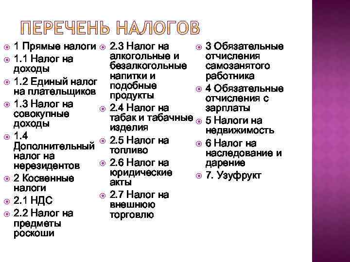  1 Прямые налоги 1. 1 Налог на доходы 1. 2 Единый налог на