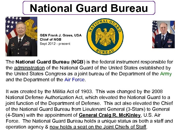 National Guard Bureau GEN Frank J. Grass, USA Chief of NGB Sept 2012 -