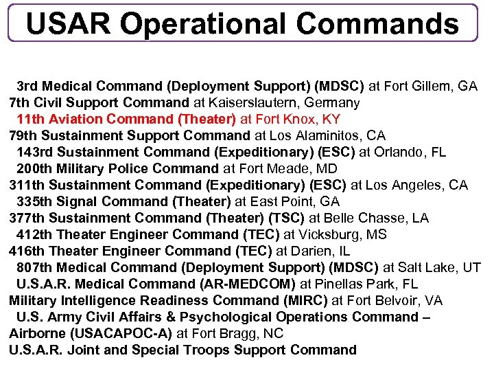 USAR Operational Commands 3 rd Medical Command (Deployment Support) (MDSC) at Fort Gillem, GA