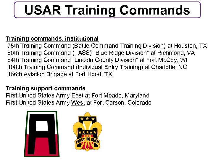 USAR Training Commands Training commands, institutional 75 th Training Command (Battle Command Training Division)