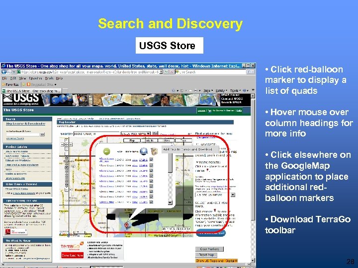 Search and Discovery USGS Store • Click red-balloon marker to display a list of