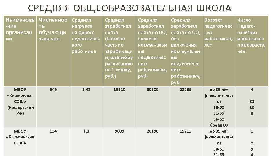 СРЕДНЯЯ ОБЩЕОБРАЗОВАТЕЛЬНАЯ ШКОЛА Наименова -ние организац ии Численнос ть обучающи х-ся, чел. Средняя нагрузка