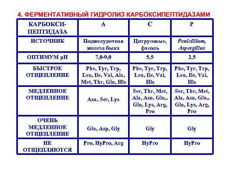 4. ФЕРМЕНТАТИВНЫЙ ГИДРОЛИЗ КАРБОКСИПЕПТИДАЗАМИ КАРБОКСИА С Р ПЕПТИДАЗА ИСТОЧНИК Поджелудочная железа быка Цитрусовые, фасоль