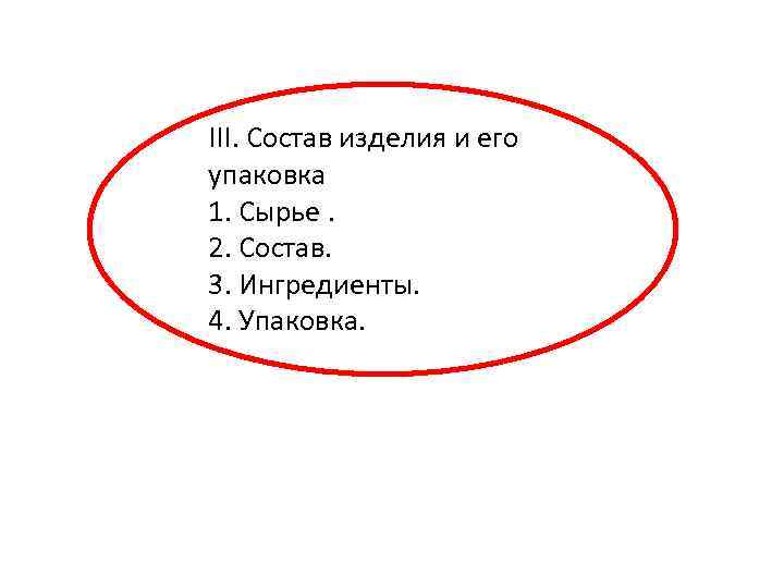 III. Состав изделия и его упаковка 1. Сырье. 2. Состав. 3. Ингредиенты. 4. Упаковка.