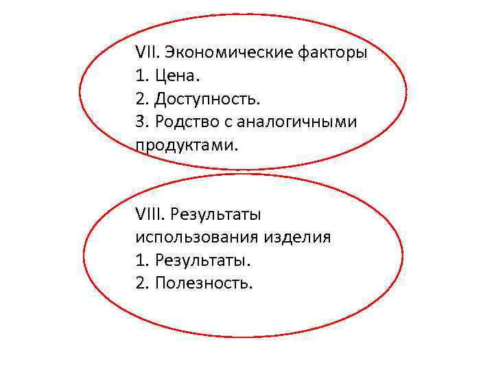 VII. Экономические факторы 1. Цена. 2. Доступность. 3. Родство с аналогичными продуктами. VIII. Результаты