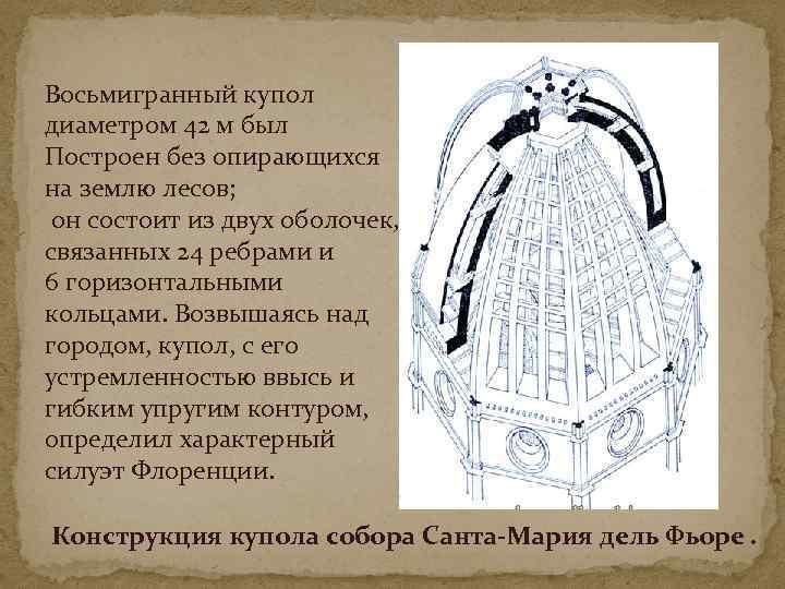 Восьмигранный купол диаметром 42 м был Построен без опирающихся на землю лесов; он состоит