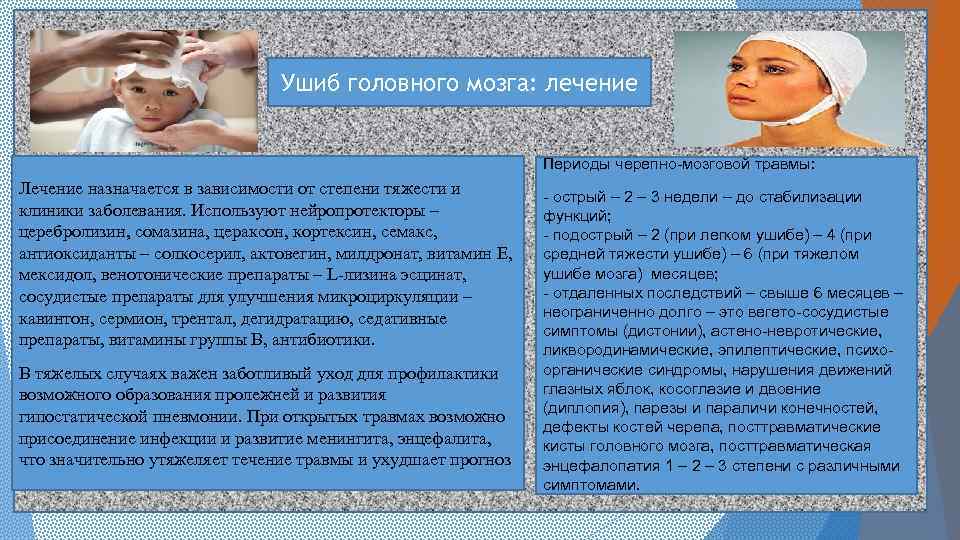 Ушиб головного мозга: лечение Периоды черепно-мозговой травмы: Лечение назначается в зависимости от степени тяжести