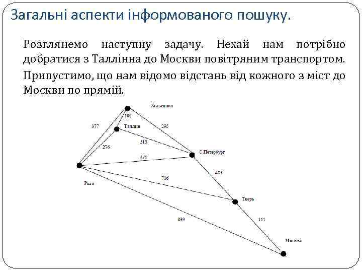 Загальні аспекти інформованого пошуку. Розглянемо наступну задачу. Нехай нам потрібно добратися з Таллінна до