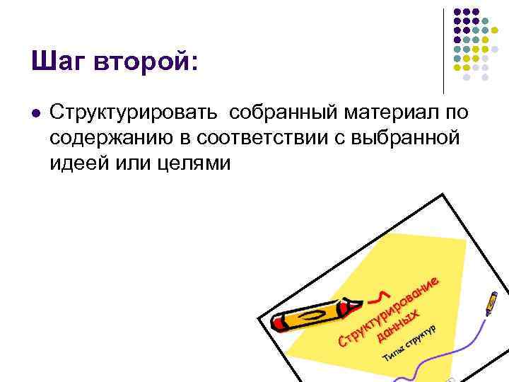 Шаг второй: l Структурировать собранный материал по содержанию в соответствии с выбранной идеей или