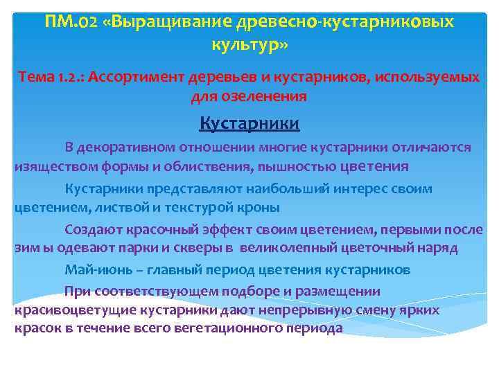 ПМ. 02 «Выращивание древесно-кустарниковых культур» Тема 1. 2. : Ассортимент деревьев и кустарников, используемых