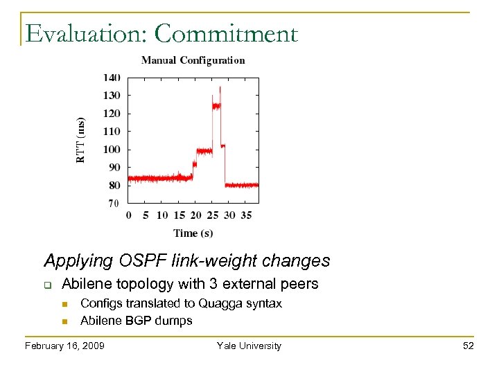 Evaluation: Commitment Applying OSPF link-weight changes Abilene topology with 3 external peers Configs translated