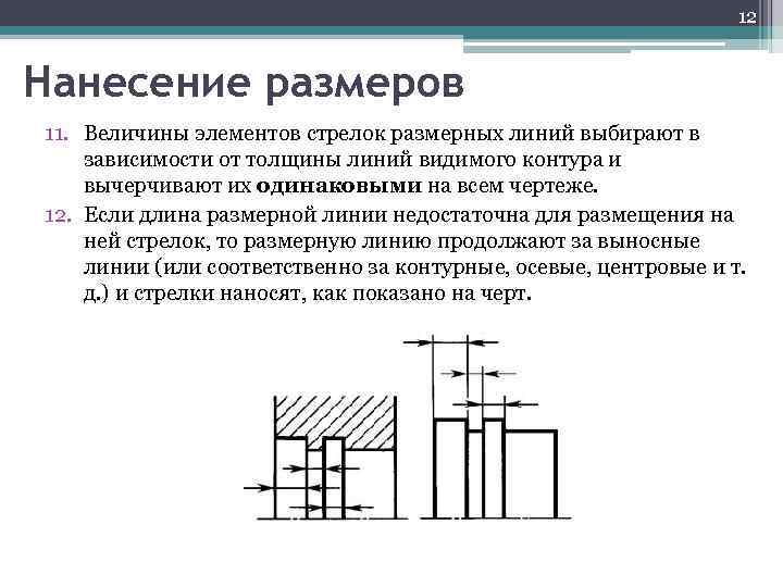 12 Нанесение размеров 11. Величины элементов стрелок размерных линий выбирают в зависимости от толщины