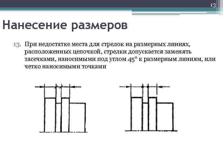 13 Нанесение размеров 13. При недостатке места для стрелок на размерных линиях, расположенных цепочкой,