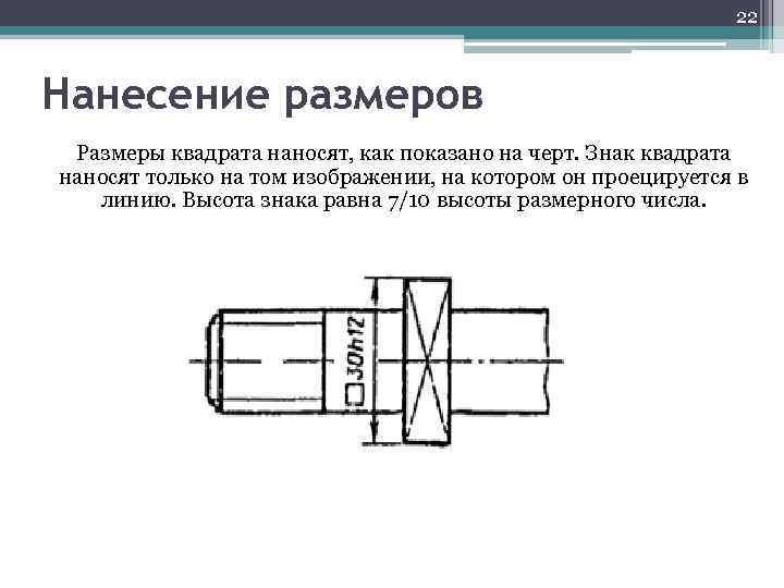 22 Нанесение размеров Размеры квадрата наносят, как показано на черт. Знак квадрата наносят только