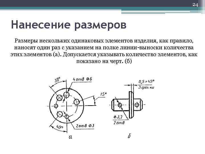 24 Нанесение размеров Размеры нескольких одинаковых элементов изделия, как правило, наносят один раз с