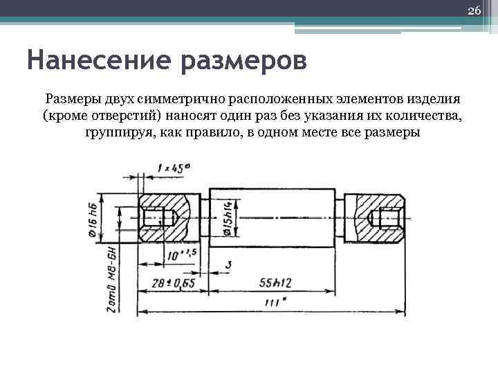 26 Нанесение размеров Размеры двух симметрично расположенных элементов изделия (кроме отверстий) наносят один раз