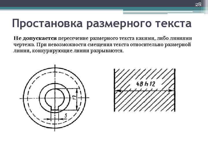 28 Простановка размерного текста Не допускается пересечение размерного текста какими, либо линиями чертежа. При