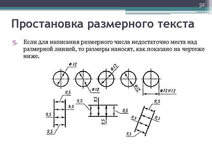 32 Простановка размерного текста 5. Если для написания размерного числа недостаточно места над размерной