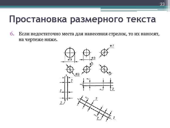 33 Простановка размерного текста 6. Если недостаточно места для нанесения стрелок, то их наносят,