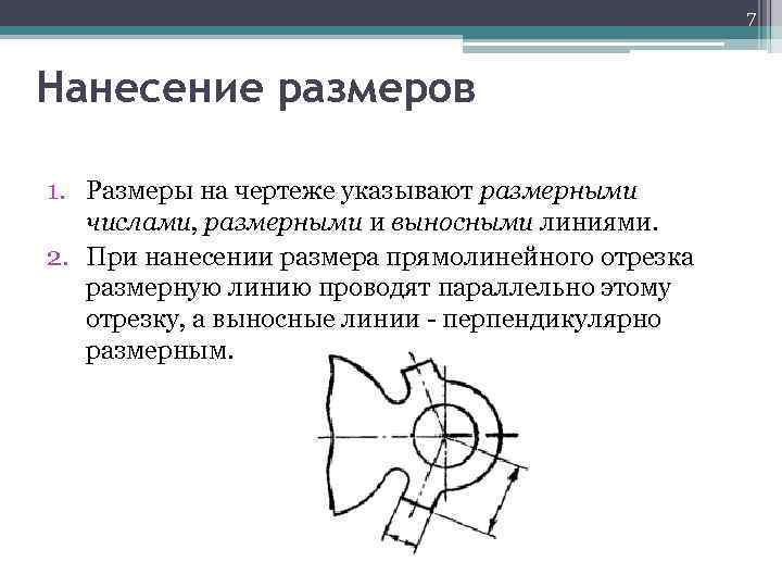 7 Нанесение размеров 1. Размеры на чертеже указывают размерными числами, размерными и выносными линиями.