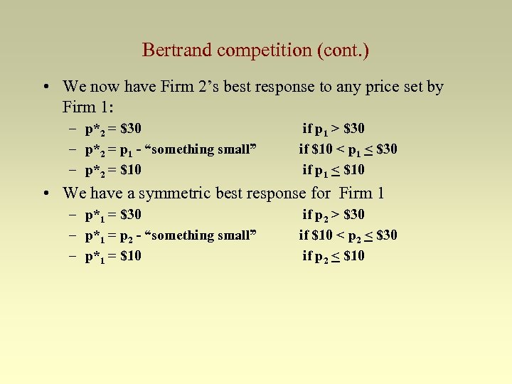 Bertrand competition (cont. ) • We now have Firm 2’s best response to any