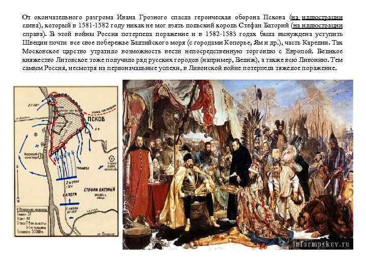 От окончательного разгрома Ивана Грозного спасла героическая оборона Пскова (на иллюстрации слева), который в
