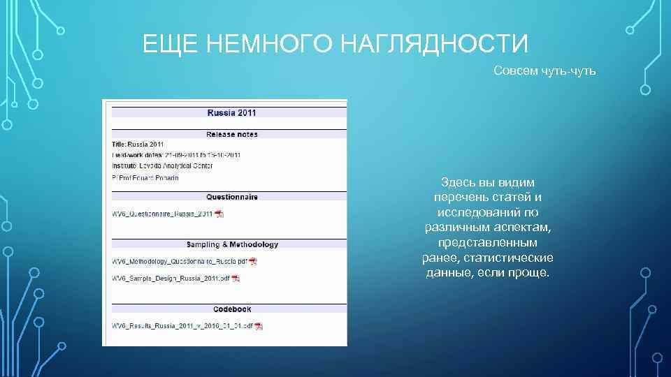 ЕЩЕ НЕМНОГО НАГЛЯДНОСТИ Совсем чуть-чуть Здесь вы видим перечень статей и исследований по различным